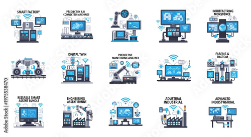 Isometric vector illustrations showcasing the concept of industry 4.0 and smart factories, with robotic arms and digital twins displayed on computer screens, set against a clean white