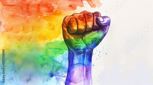 Watercolor Rainbow Pride Raised Fist for LGBTQ Awareness