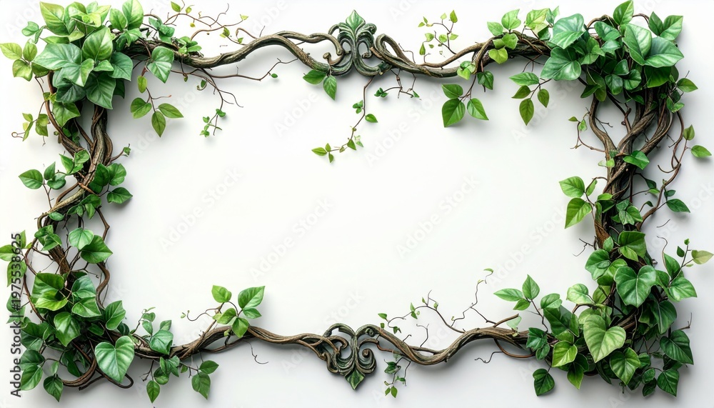Naklejka premium Green Leafy Vine Border on White Background Natural Organic Frame Decoration