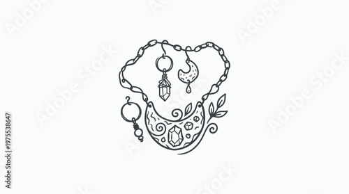 Elegant Necklace with Charms and Crystals Linear Art