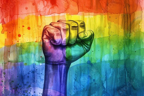 Watercolor Rainbow Pride Raised Fist for LGBTQ Awareness