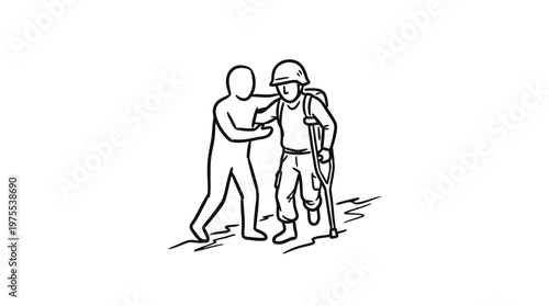 Supporting Injured Soldier Black and White Sketch