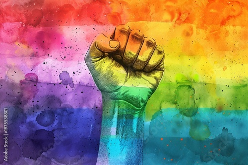 Watercolor Rainbow Pride Raised Fist for LGBTQ Awareness