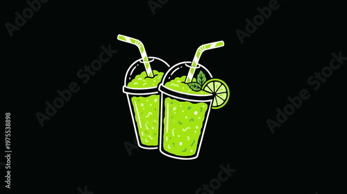 Fresh Green Smoothies with Straws on Black Background