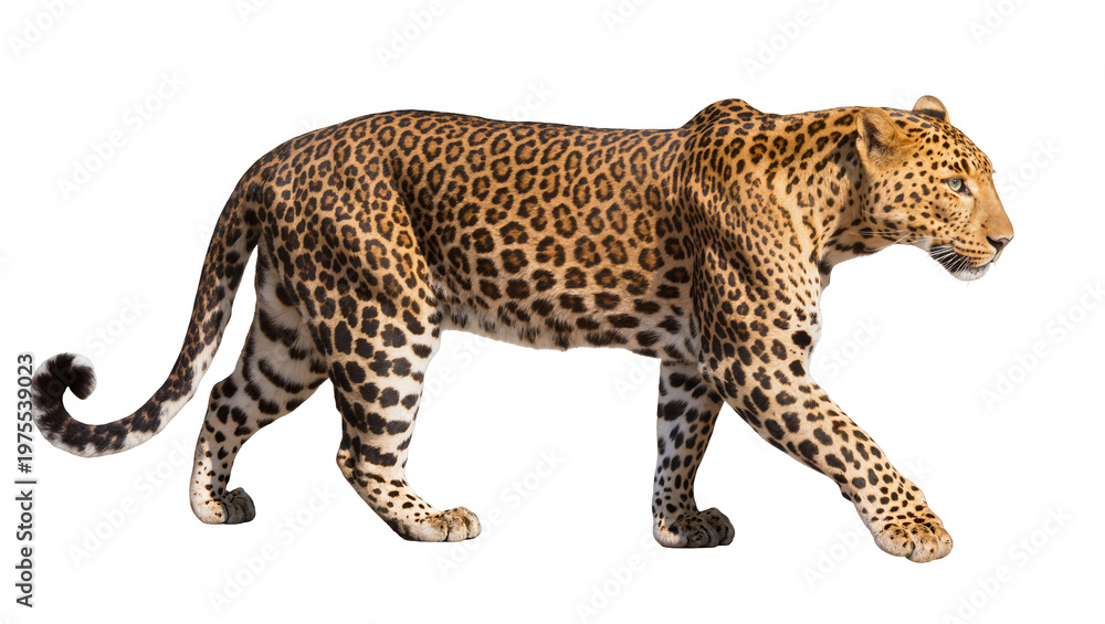 Fototapeta premium Leopard with spotted fur walking, isolated on transparent background