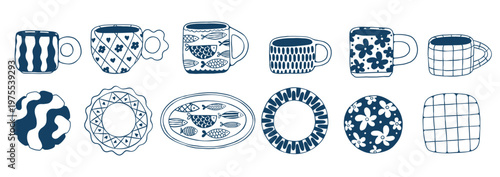 Hand drawn set of mugs and plates in Scandinavian style. Vector collection kitchen tableware with decorative patterns, pencil textures, simple shapes. Design elements for prints, home and cafe decor.