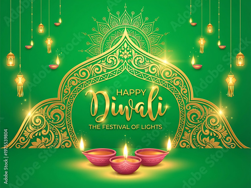 Happy Diwali Gold Decorative Art with Traditional Diya Lamps on Green