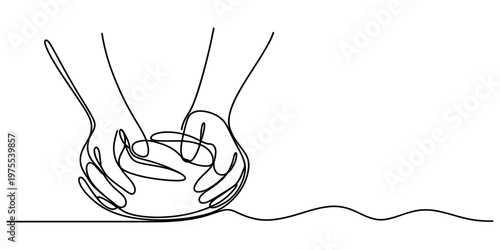 Continuous single line drawing of two hands kneading dough into a circular shape on a surface Vector, illustration