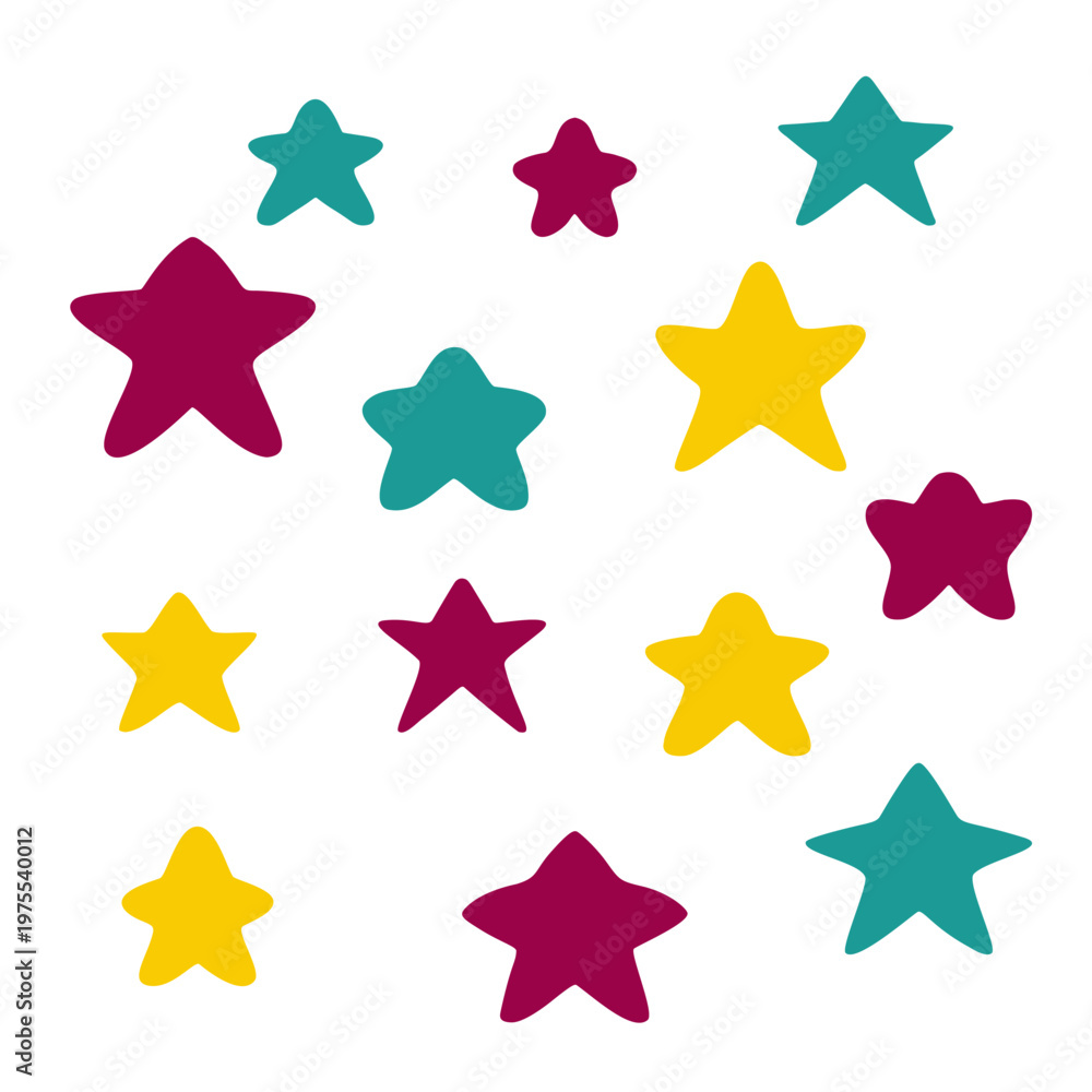 Obraz premium Set of colorful simple irregular stars. Hand-drawn cute magical night sky element illustration clip art.