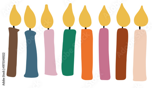 Set of simple colorful solid birthday candles. Hand-drawn cute festive party illustration clip art.