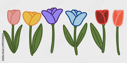 Set of colorful cartoon tulip flowers illustration with thick outlines, isolated on light background. Cute spring floral clip art collection.