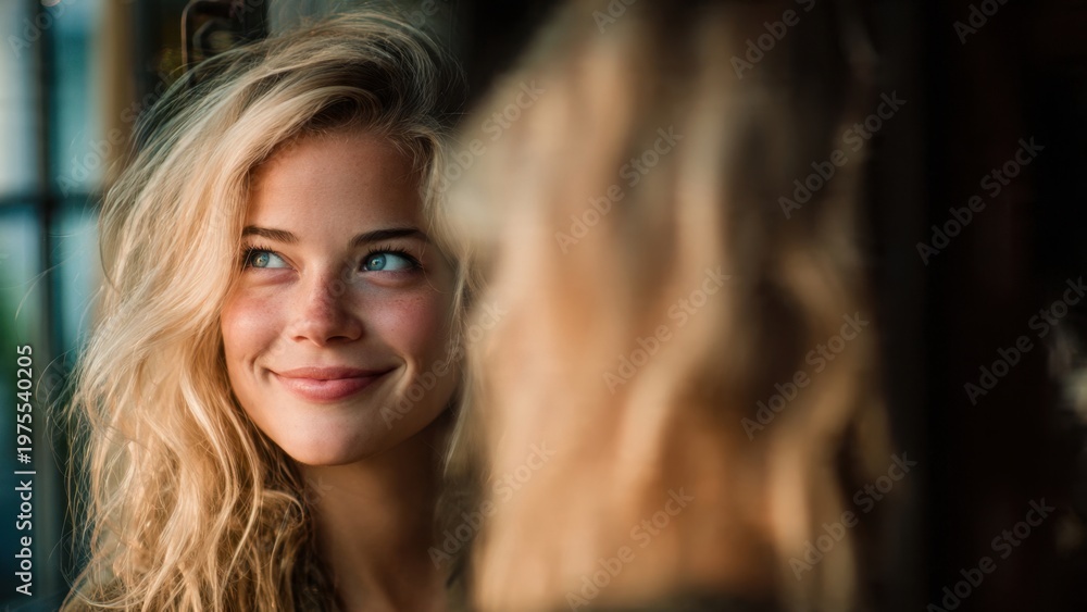 Fototapeta premium Portrait of a beautiful young blonde woman with a radiant smile and long wavy hair, looking upwards thoughtfully in natural light, evoking happiness and serenity.