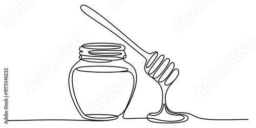 A minimalist single line drawing of a glass jar filled with honey and a wooden honey dipper tool Vector, illustration