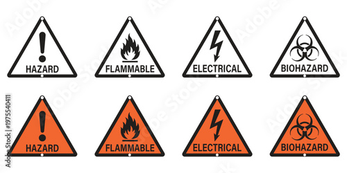 Caution signs set. Warning triangular caution shape signs with various danger symbols. Fire warning, hazard danger, high voltage icon. Attention, risk, flammable, skull, bone vector illustration