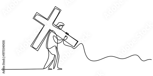 A single continuous line drawing of a person walking while carrying a large heavy wooden cross Vector, illustration
