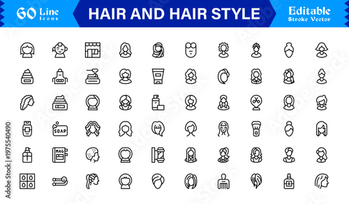 Hair Styling, Salon, and Grooming – Modern Minimal Line Icon Collection for Beauty and Barber Shop Essentials
