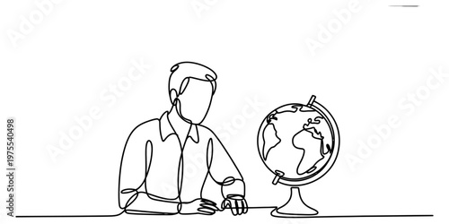 A continuous line drawing of a person sitting at a desk and looking at a world globe model map Vector, illustration