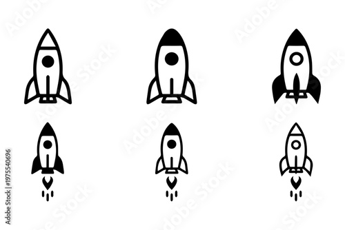 Collection of rocket icons with exhaust flames symbolizing space travel and launches black and white blast off spaceship exploration collection illustration adventure