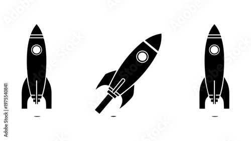 Three black silhouette rocket icons one angled upwards symbolizing space exploration and launch outer space silhouette spaceship exploration starship technology