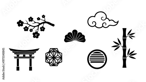 Collection of traditional japanese cultural icons in black silhouette a torii gate cherry blossoms bamboo clouds geometric patterns with geometric pattern east asia silhouette