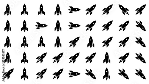 Collection of black silhouette icons representing various rocket ships in different sizes and orientations suggesting space exploration and travel blast off transport astronomy