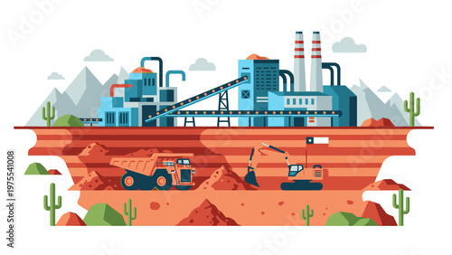Illustration of a mining operation with industrial machinery and buildings on a desert landscape with rocky terrain and cacti.