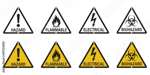 Caution signs set. Warning triangular caution shape signs with various danger symbols. Fire warning, hazard danger, high voltage icon. Attention, risk, flammable, skull, bone vector illustration