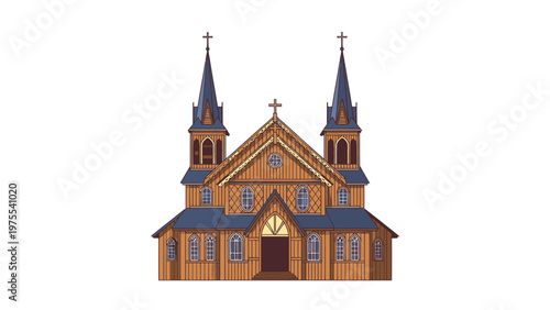 Illustration of a traditional church building with two spires and a cross on top, set against a plain white background.