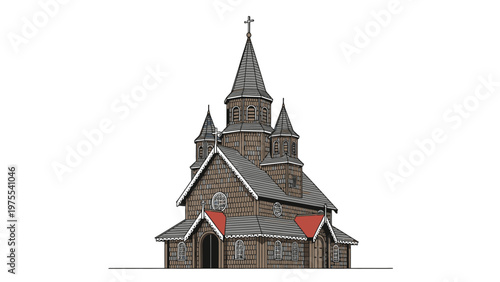 An illustration of a brown church building with a gray steeple and red accents on a white background.