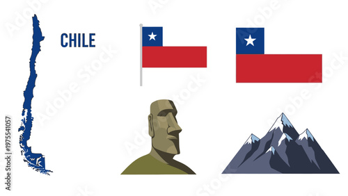 Collage of Chile country map, flags, bust, and mountains on white background.