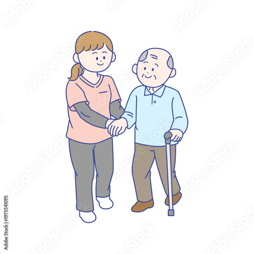 高齢男性の歩行を補助する介護士