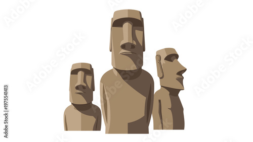 Three Moai statues standing in a row on a plain white background with a minimalist and neutral mood.