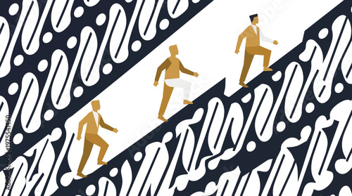 Three men ascending a white diagonal path symbolizing career progression and personal growth.