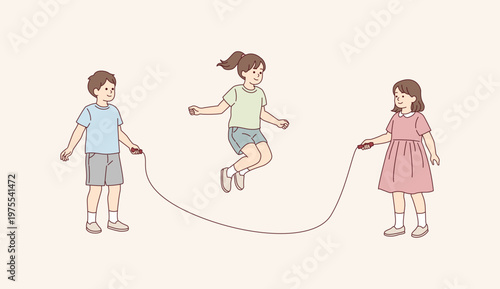 Three happy children playing jump rope together in minimalist flat illustration style