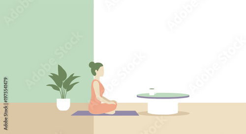 Serene woman meditating on a yoga mat in a minimalist room, fostering mindfulness and inner peace with a plant and minimalist table