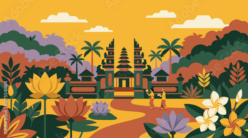 Traditional Balinese temple with ornate architecture and lush tropical flora.