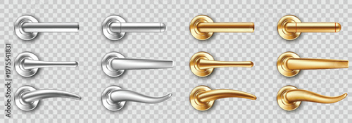 Realistic door handles golden and silver knobs set