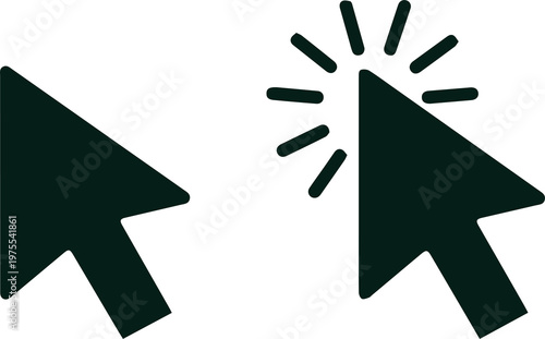 Two computer mouse cursors interact in a digital environment with one cursor clicking Computer mouse cursors click interact Technology Graphic