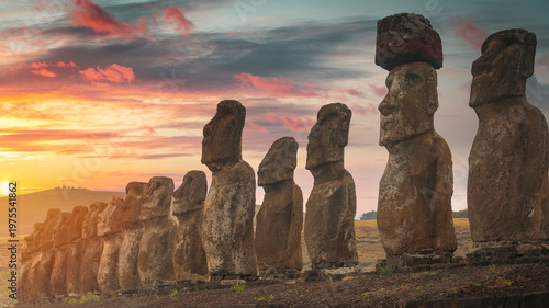 Konstfotografi Moai Statues at Ahu Tongariki Easter Island under Sunset Sky with Copy Space