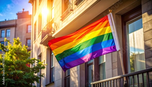 Rainbow Pride Flag Flies on Balcony Building Sunlight Golden Hour