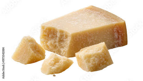 Konstfotografi Wedge and chunks of aged Parmesan cheese, isolated on transparent background