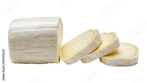 Fotografie Fresh goat cheese log with three slices, isolated on transparent background