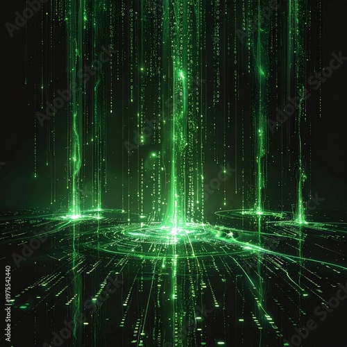 Digital Rain of Emerald Green Lights Cascading Downward in Dark Abstract Background