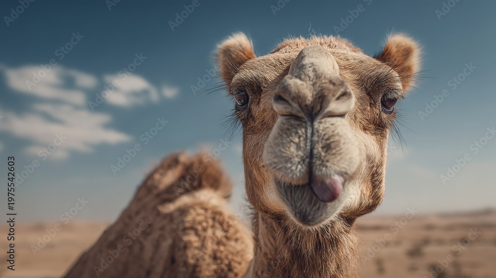 Fototapeta premium Close-up panoramic portrait of a cute camel sticking out tongue with happy smiling expression in desert, clear details under bright blue sky with natural soft light and vivid colors, ideal for travel