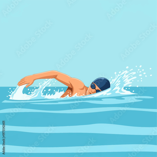 Vector illustration of a professional male swimmer performing the front crawl freestyle stroke in bright blue water with white foam splashes, wearing a swim cap and goggles.