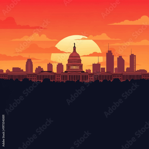 Vector illustration of the United States Capitol building dome and city skyline silhouette against a large glowing sun at sunset with orange and red clouds and dark foreground.