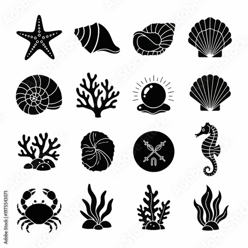 Collection of Sixteen Clean Black Vector Silhouettes of Marine Life and Underwater Elements Including Starfish, Seashells, Coral, Seahorse, Crab, Seaweed, and Pearl on White Background