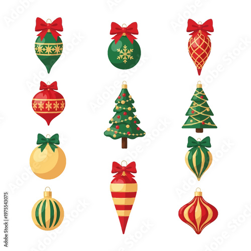 Collection of traditional Christmas tree ornaments including red green and gold baubles teardrop finials and decorated miniature fir trees with bows isolated on white background.