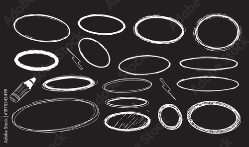 A collection of white hand-drawn oval highlights, circular scribbles, and a pencil icon presented on a solid black background.
