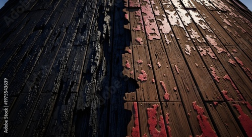 Weathered wooden planks with peeling paint and aged rustic texture.